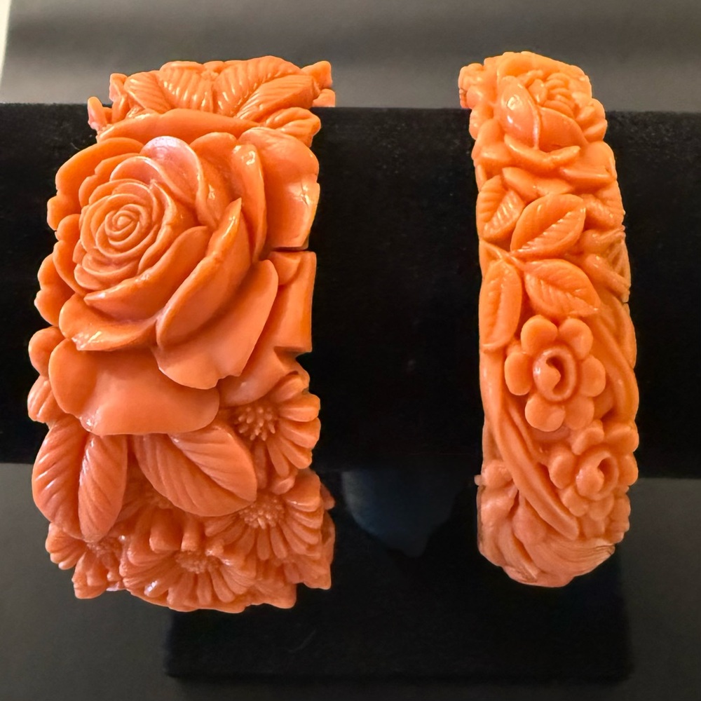 Two Antique Celluloid Bangle Bracelets.Rich TropicalOrange/Coral Color.Stackable